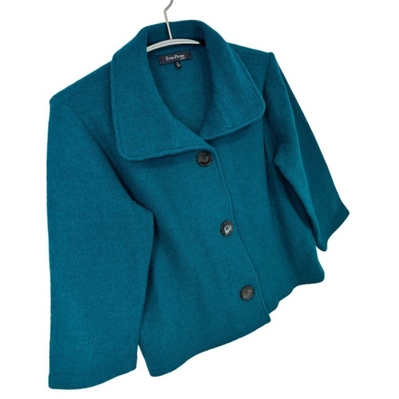 EVAN-PICONE 100% WOOL 3-BUTTON COLLARED TEAL CARDIGAN BLAZER, 3/4 SLEEVE, PL - Picture 5 of 10